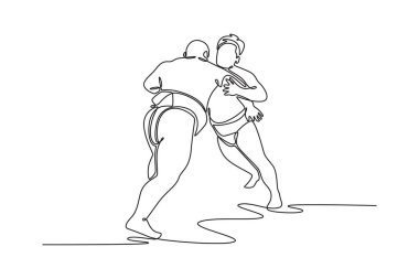 Tek sıra halinde iki iri Sumo güreşçisini birbirine kenetliyor. Birbirlerinin kemerlerini sıkıca sarıp kontrol etmeye çalışıyorlar. Bir çizgi çizimi grafik tasarım vektör çizimi