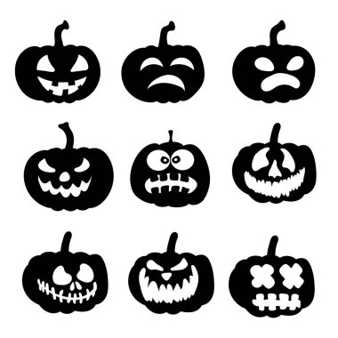 Sonbahar tatili. Cadılar Bayramı korkunç balkabakları. Düz stil vektör ürkütücü balkabakları