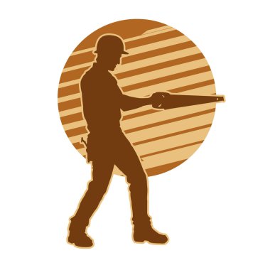 İnşaat işçisi. Marangoz vektör silueti. Kask giyme çantası ve aletleri.