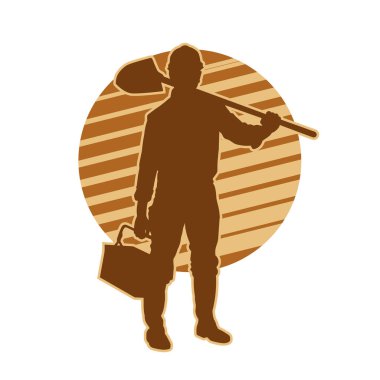 Madenci. İnşaat işçisi. Marangoz vektör silueti. Kask giyme çantası ve aletleri.