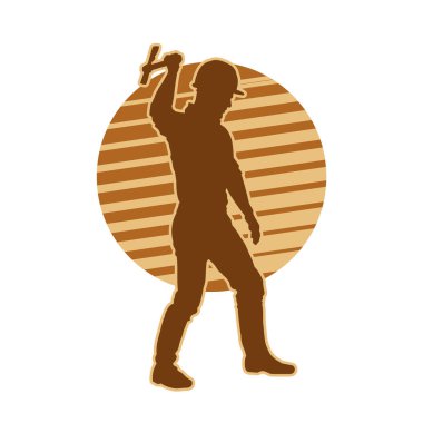 Madenci. İnşaat işçisi. Marangoz vektör silueti. Kask giyme çantası ve aletleri.