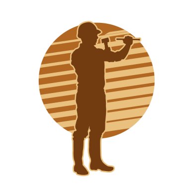 Madenci. İnşaat işçisi. Marangoz vektör silueti. Kask giyme çantası ve aletleri.