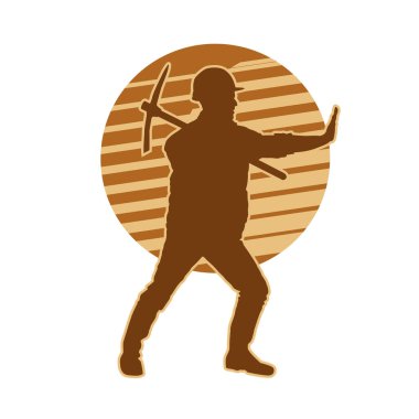 Madenci. İnşaat işçisi. Marangoz vektör silueti. Kask giyme çantası ve aletleri.