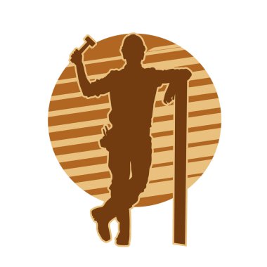 Madenci. İnşaat işçisi. Marangoz vektör silueti. Kask giyme çantası ve aletleri.