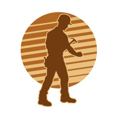 Madenci. İnşaat işçisi. Marangoz vektör silueti. Kask giyme çantası ve aletleri.