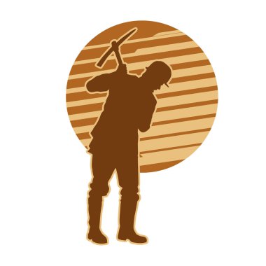 Madenci. İnşaat işçisi. Marangoz vektör silueti. Kask giyme çantası ve aletleri.