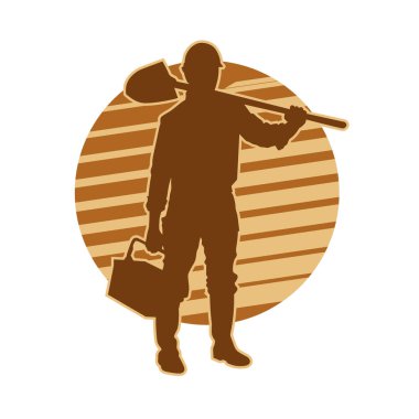 Madenci. İnşaat işçisi. Marangoz vektör silueti. Kask giyme çantası ve aletleri.