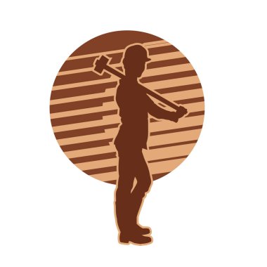 Madenci. İnşaat işçisi. Marangoz vektör silueti. Kask giyme çantası ve aletleri.