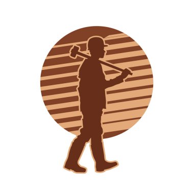 Madenci. İnşaat işçisi. Marangoz vektör silueti. Kask giyme çantası ve aletleri.