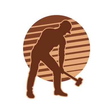 Madenci. İnşaat işçisi. Marangoz vektör silueti. Kask giyme çantası ve aletleri.