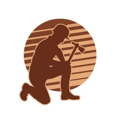 Madenci. İnşaat işçisi. Marangoz vektör silueti. Kask giyme çantası ve aletleri.