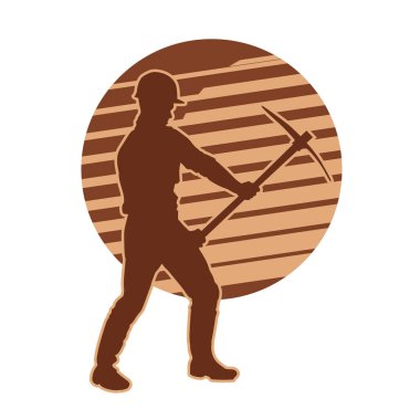 Madenci. İnşaat işçisi. Marangoz vektör silueti. Kask giyme çantası ve aletleri.