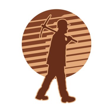 Madenci. İnşaat işçisi. Marangoz vektör silueti. Kask giyme çantası ve aletleri.