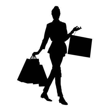 Güzel ince bir kadın alışveriş çantası taşıyacak vektör silueti.