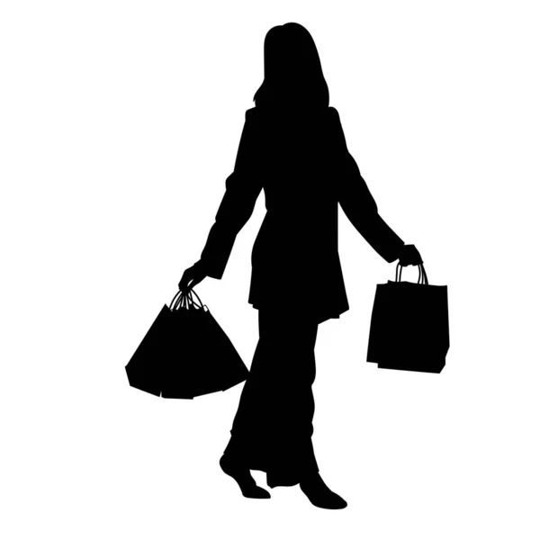 Schöne Schlanke Frau Trägt Einkaufstasche Vektor Silhouette — Stockvektor