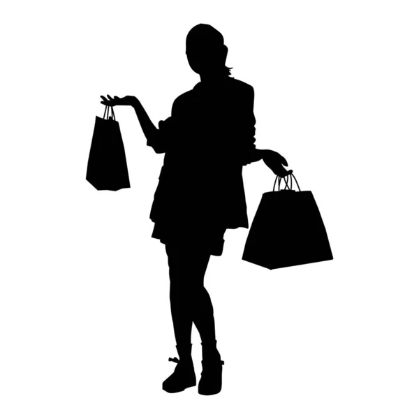 漂亮苗条身材的女人提着购物袋矢量轮廓 — 图库矢量图片