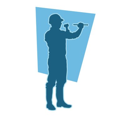 Erkek madenci. İnşaat işçisi vektör silueti. Kask giyme çantası ve aletleri.