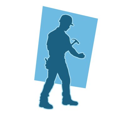 Erkek madenci. İnşaat işçisi vektör silueti. Kask giyme çantası ve aletleri.