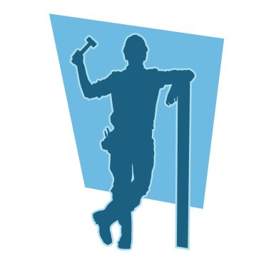 Erkek madenci. İnşaat işçisi vektör silueti. Kask giyme çantası ve aletleri.