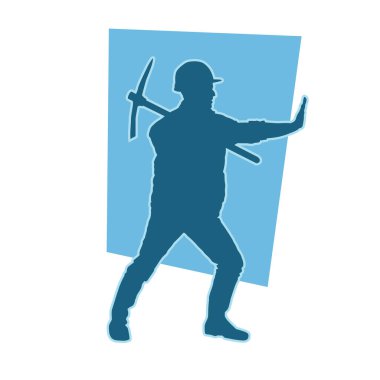 Erkek madenci. İnşaat işçisi vektör silueti. Kask giyme çantası ve aletleri.