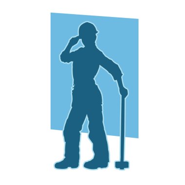 Erkek madenci. İnşaat işçisi vektör silueti. Kask giyme çantası ve aletleri.