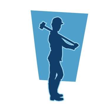 Erkek madenci. İnşaat işçisi vektör silueti. Kask giyme çantası ve aletleri.