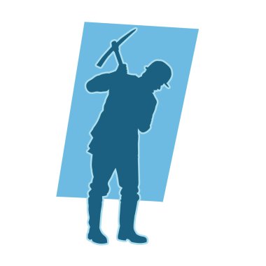 Erkek madenci. İnşaat işçisi vektör silueti. Kask giyme çantası ve aletleri.