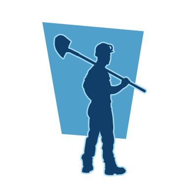 Erkek madenci. İnşaat işçisi vektör silueti. Kask giyme çantası ve aletleri.