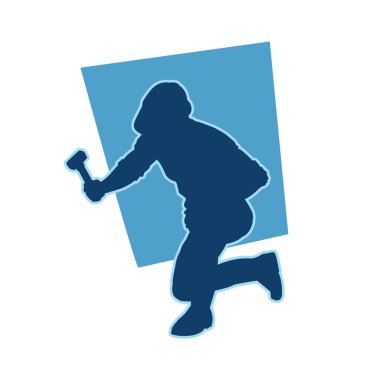 Erkek madenci. İnşaat işçisi vektör silueti. Kask giyme çantası ve aletleri.