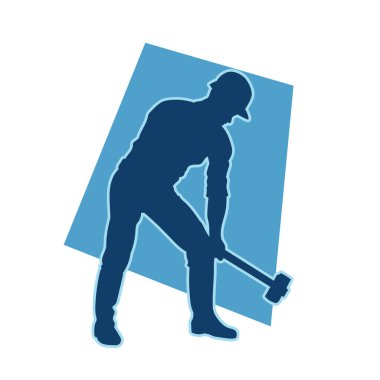 Erkek madenci. İnşaat işçisi vektör silueti. Kask giyme çantası ve aletleri.