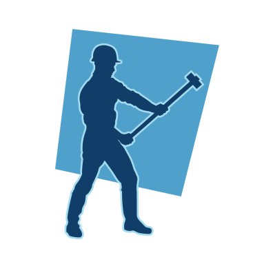 Erkek madenci. İnşaat işçisi vektör silueti. Kask giyme çantası ve aletleri.