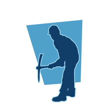 Erkek madenci. İnşaat işçisi vektör silueti. Kask giyme çantası ve aletleri.