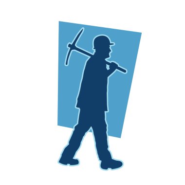 Erkek madenci. İnşaat işçisi vektör silueti. Kask giyme çantası ve aletleri.