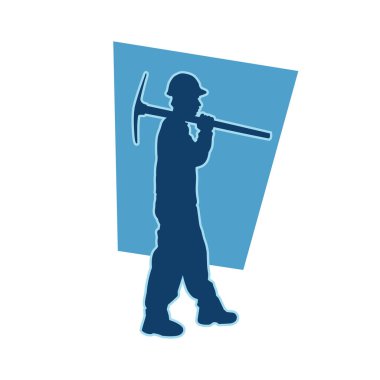 Erkek madenci. İnşaat işçisi vektör silueti. Kask giyme çantası ve aletleri.