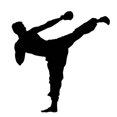 Erkek tekme boks atleti. beyaz arkaplanda muay thai oynatıcı vektör silueti.
