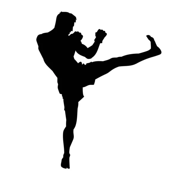 男子キックボクシング選手 ムエタイ選手ベクトルシルエット白い背景 — ストックベクタ