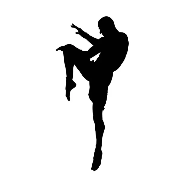 男子キックボクシング選手 ムエタイ選手ベクトルシルエット白い背景 — ストックベクタ