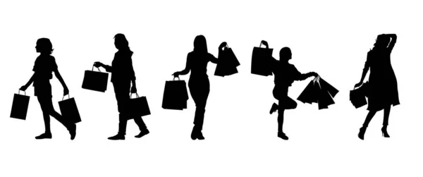 Donna Che Trasporta Borse Shopping Vector Silhouette Collezione — Vettoriale Stock