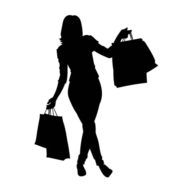 買い物袋を持ったスリムな若い女性のシルエット 流行の女性買い物客のシルエットは — ストックベクタ