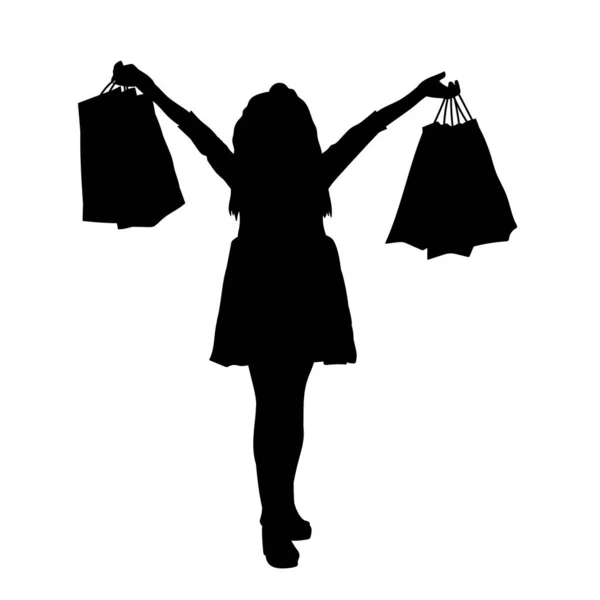 買い物袋を持った若い女性のシルエット 流行の女性買い物客のシルエットは — ストックベクタ