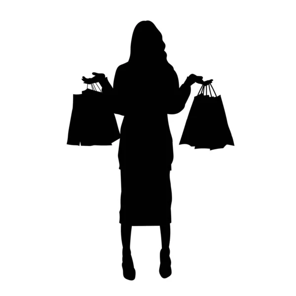 Silhouette Adult Woman Holding Shopping Bags Silhouette Fashionable Female Shopper — Stock Vector