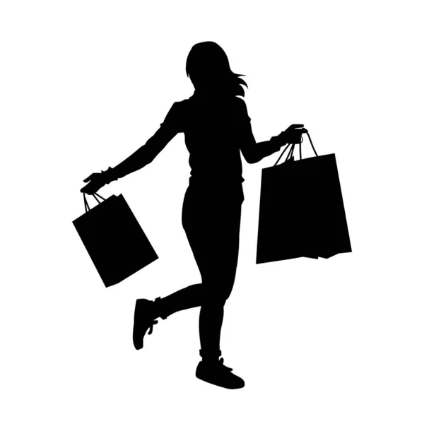 一个身材苗条的年轻女子拿着购物袋的轮廓 时尚女性购物者的轮廓 — 图库矢量图片