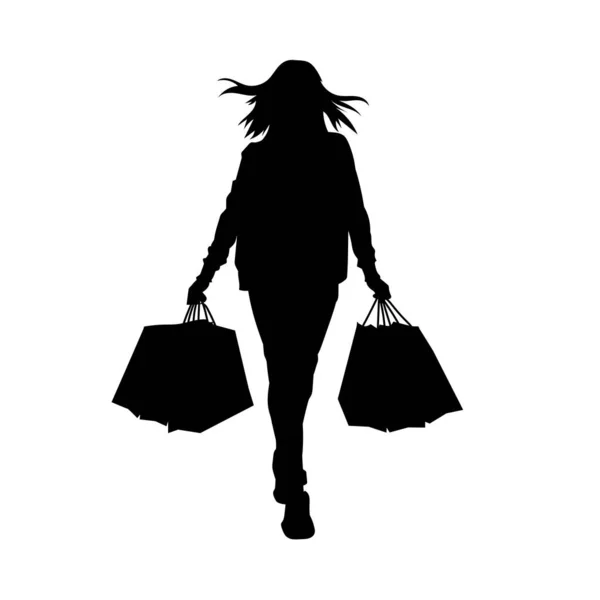 Sıska Genç Bir Kadının Silüeti Elinde Alışveriş Torbaları Var Modaya — Stok Vektör