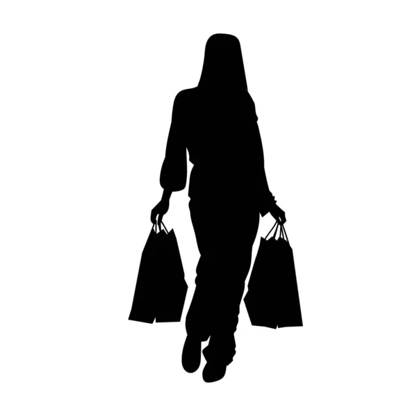 Silhuett Smal Ung Kvinna Med Shoppingväskor Silhuett Fashionabel Kvinnlig Shoppare — Stock vektor