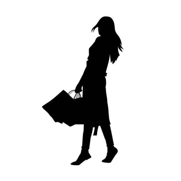Silhouette Slim Young Woman Holding Shopping Bags Silhouette Fashionable Female — Stock Vector