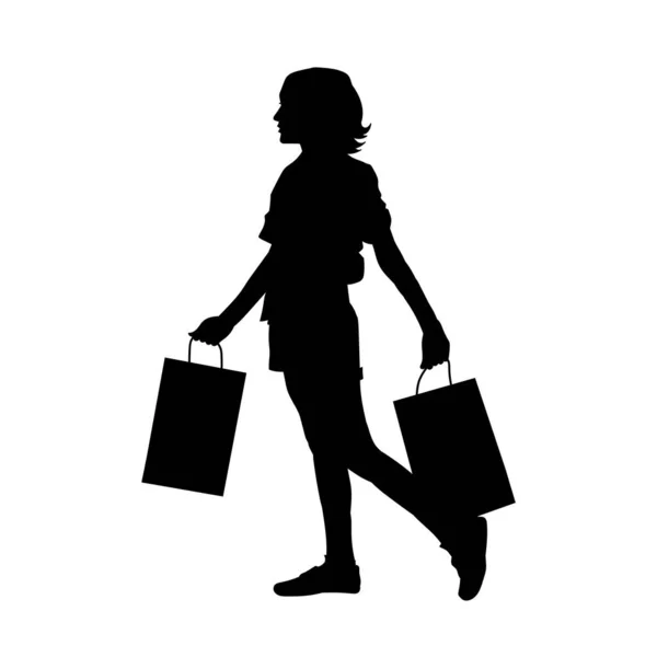 Silhouette Slim Young Woman Holding Shopping Bags Silhouette Female Shopper — Stock Vector