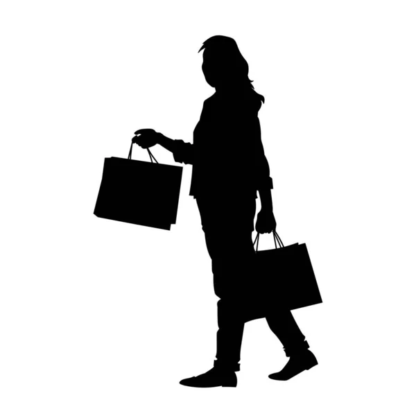 Silhueta Uma Mulher Adulta Segurando Sacos Compras Silhueta Uma Mulher —  Vetores de Stock