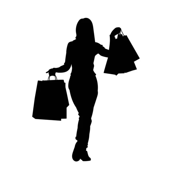 Silueta Una Hembra Delgada Mostrando Bolsas Compras Silueta Una Mujer — Vector de stock