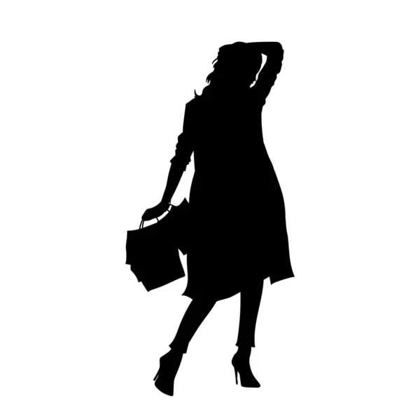 Silhouet Van Een Modieuze Vrouw Met Een Lange Jas Boodschappentassen — Stockvector
