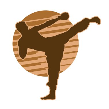 Hareket halindeki bir erkek karate atletinin silüeti. Dövüş sanatları atletinin silueti tekme atarak saldırıyor..